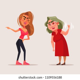 Young woman girl teen quarrel with grandmother mother character. Generation difference problems concept flat cartoon design graphic isolated illustration