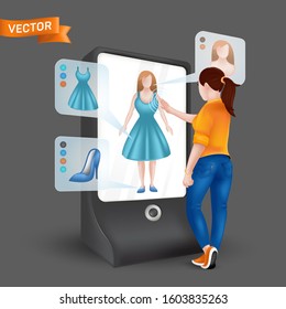 Young woman or girl trying on clothes in front 3D virtual display mirror with fitting simulation function. Vector illustration of online shopping via augmented reality on tablet with dark background