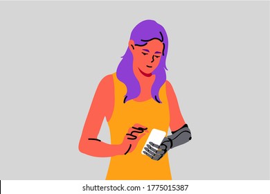  Young woman or girl using smartphone for chatting online with robotic hand. Replacing body part for normal life illustration