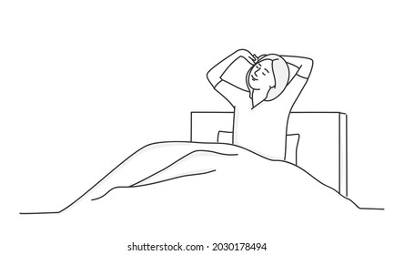 Young woman or girl waking in morning at home. Morning, health, care, awakening concept. Hand drawn vector illustration. Black and white.