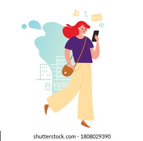 Young woman, girl walking with smart phone and purse, handbag. Start up business people. 