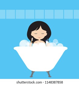 Young woman or girl is washing in a white bath with foam and cleanses her teeth with a toothbrush and a paste in a blue bathroom - vector