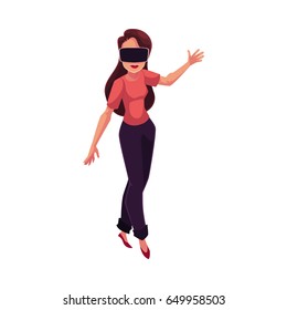 Young woman, girl wearing virtual reality headset, simulator, cartoon vector illustration isolated on white background. Happy young woman, girl wearing virtual reality simulator, headset, device