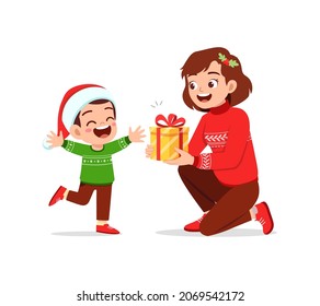 young woman give present to little kid