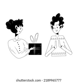 a young woman gives a gift to an excited young man. christmas party presents. holiday celebration black and white outline vector illustration. 