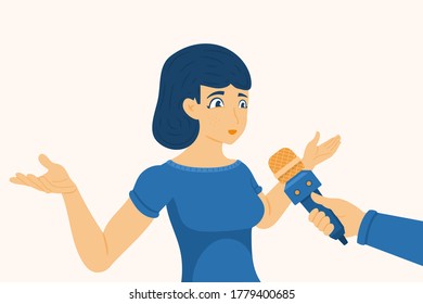 A young woman gives interviews and gestures with her hands. Hand with a microphone. Vector illustration in a flat style