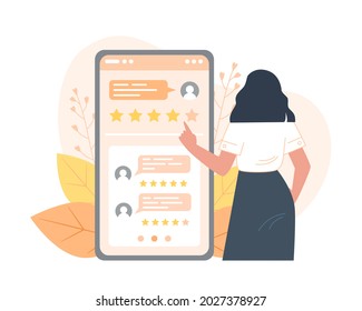Young woman giving feedback using the mobile app, reviews on the smartphone screen