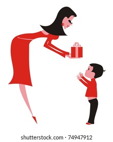 young woman giving a gift to a child-boy