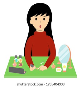 Young woman giving herself a pedicure. Girl with set of nail polish, cream, lotion and cosmetic cartoon vector