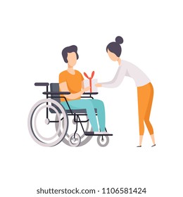 Young woman giving a present to man in wheelchair, disabled person enjoying full life vector Illustration on a white background