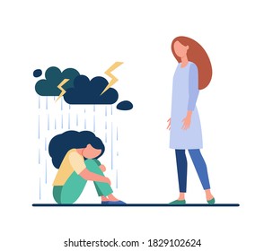 Young woman giving support to female friend. Depressed person, consoling, giving comfort flat vector illustration. Depression, help, friendship concept for banner, website design or landing web page