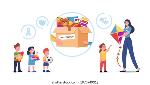 Young Woman Giving Toys to Orphan Kids around Carton Donation Box with Goods for Children. Female Volunteer Character Caring Altruistic Help to Poor Kids, Charity. Cartoon People Vector Illustration