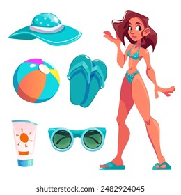 Young woman in glamour turquoise bikini swimsuit with summer sea beach vacation accessories - cartoon vector flip flop slippers shoes and hat, sunglasses and sunscreen cream in tube, inflatable ball.