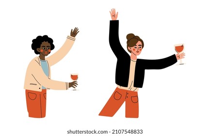 Young Woman with Glass of Wine Cheering Celebrating Something Vector Set