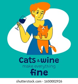 Young woman with glass of wine and her cute cat portrait isolated on color background. Cat lover concept. Happy domestic cat owner. 