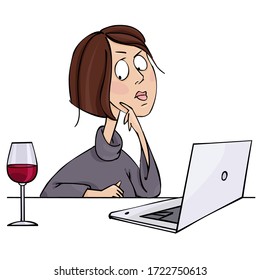 Young Woman With A Glass Of Wine And A Laptop