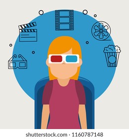 young woman with glasses 3d and cinema icons