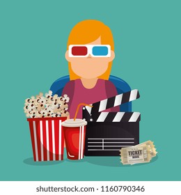 young woman with glasses 3d and cinema icons