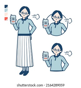 A young woman with glasses with cashless payment on smartphone Troubled images.It's vector art so it's easy to edit.