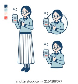 A young woman with glasses with cashless payment on smartphone images.It's vector art so it's easy to edit.
