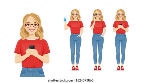 Young woman with glasses in casual style clothes using mobile phone isolated vector illustration