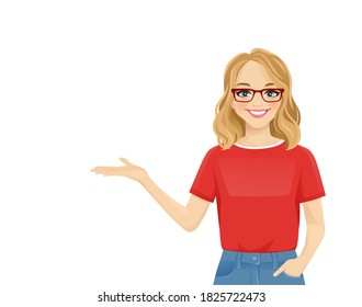 Young woman with glasses in casual style clothes showing isolated vector illustration