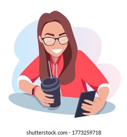 Young woman with glasses drinks coffee and looks at a smartphone. Freelance, working online from a smartphone. Vector flat illustration.