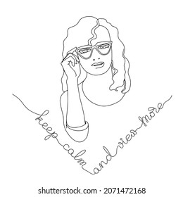 Young woman with glasses and handwritten text. Outline vector illustration.
