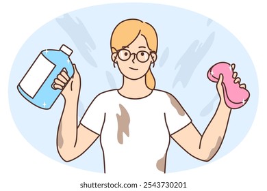 Young woman in glasses holding cleaning bottles in hands covered in stains and marks after house clean. Girl with detergents in hands dirty after housekeeping. Vector illustration.