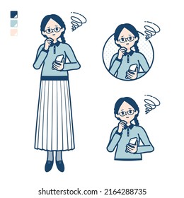 A young woman with glasses with Holding a smartphone and troubled images.It's vector art so it's easy to edit.