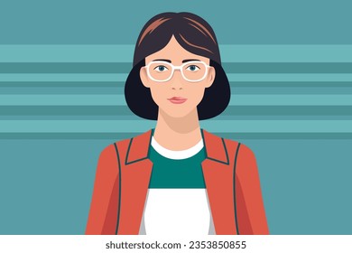 Young woman with glasses - Illustration of girl character face and upper body looking in to camera with serious facial expression. Flat design vector with green background