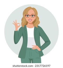 Mujer joven con gafas con una expresión alegre y un gesto bueno. Ilustración de estilo plano, vector	
