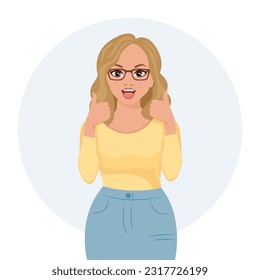 Young woman in glasses with a joyful expression and an ok gesture. Flat style illustration, vector	
