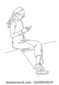 Young woman in glasses and long hair sitting on park bench and talking on the phone. Continuous  line drawing. Black and white vector illustration in line art style.