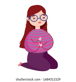 young woman with glasses on the knees character isolated icon vector illustration