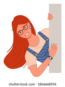 Young woman in glasses peeping from behind the wall vector Illustration on a white background. Happy curious looking girl with long red hair. Female character in playful mood spies watching someone,