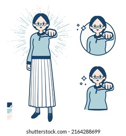 A young woman with glasses with Pointing to the front images.It's vector art so it's easy to edit.