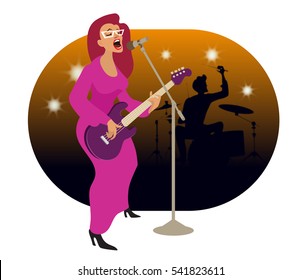 Young woman in glasses and a purple dress plays bass guitar and sings into the microphone.