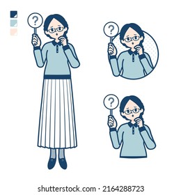 A young woman with glasses with Put out a question panel images.It's vector art so it's easy to edit.