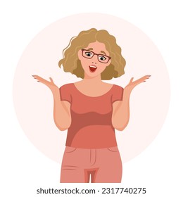 A young woman with glasses raised her hands with a surprised expression. Emotions and gestures. Flat style illustration, vector	
