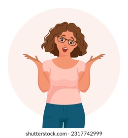 A young woman with glasses raised her hands with a surprised expression. Emotions and gestures. Flat style illustration, vector	
