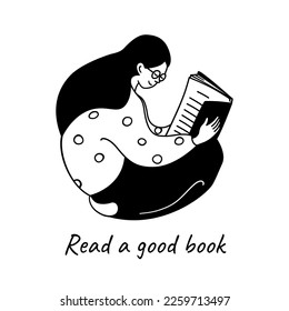 Young woman in glasses reading a book. Black and white line doodle hand drawn style vector illustration. Self education, self care, rest and book lover concept.