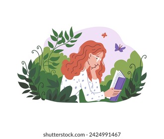 Young woman in glasses reading book with enjoy and great interest. Cartoon female booklover character side view vector illustration with butterflies and foliage. Education, self development concept