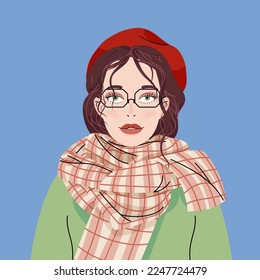 Mujer joven con gafas, sombrero de boina roja, pañuelo y abrigo de invierno. Equipo de temporada fría. Ilustración de tarjeta de saludo de vacaciones Cute Vector