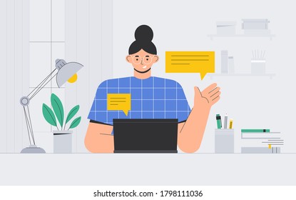 Young woman with glasses sits at a laptop and communicates on social networks. Freelancer sits at a Desk and uses a laptop in a cozy room. Flat illustration in modern style, lineart.