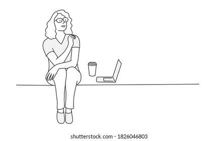 Young woman with glasses is sitting near laptop and coffee. Hand drawn vector illustration.