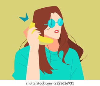 young woman in glasses using a banana phone. suitable for the theme of fruit, food, objects, funny, technology, etc. flat vector illustration