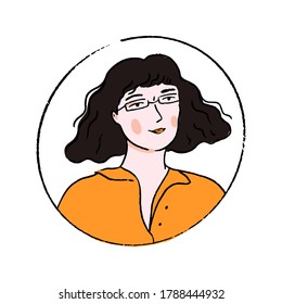 Young woman in glasses and wavy blunt bob hairstyle   fringe  Doodle portrait confident girl in orange polo shirt