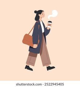 Young woman go to work side view. A girl with a bag on her shoulder is walking. Business worker holds hot coffee paper cup. An employee in a formal office outfit. Flat isolated vector illustration.