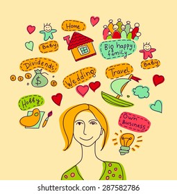 Young woman with goals, dreams and wishes  colors
Portrait of young unrecognizable woman with her abstract goals, dreams and wishes. Color vector illustration.